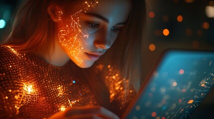 Aufkleber - Digital technology internet network connection big data digital marketing IoT internet of things Woman using mobile phone and laptop computer surfing internet innovative technology bac : Generative AI