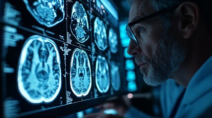 Aufkleber - A group of medical professionals reviewing and analyzing detailed brain scans displayed on digital screens and tablets highlighting advanced  AI medical imaging technology : Generative AI