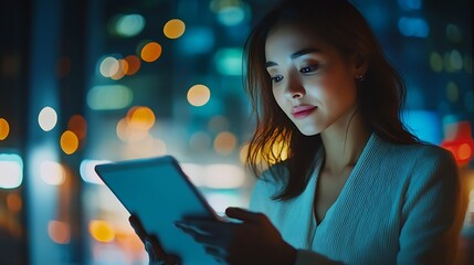 Fototapete - Business woman tablet and typing in office for corporate communication internet research and networking Female person technology and working late night for project planning and company : Generative AI