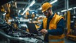 © The Little Hut - Car Factory Engineer in High Visibility Vest Using Laptop Computer Automotive Industrial Manufacturing Facility Working on Vehicle Production with Robotic Arms Technology Automated Ass : Generative AI