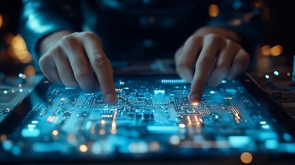 Fototapete - Digital technology software development concept Coding programmer software engineer using digital tablet with circuit board and javascript on virtual screen internet of things IoT : Generative AI