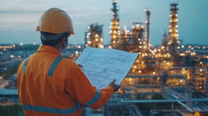 Aufkleber - Engineer survey team wear uniform and helmet stand workplace checking blueprint project  radio communication and engineer box inspection work construction site with oil refinery backgr : Generative AI