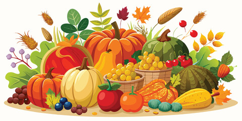 Autumn Background with Pumpkins, Veggies & Fruits - Thanksgiving illustration on a white background.