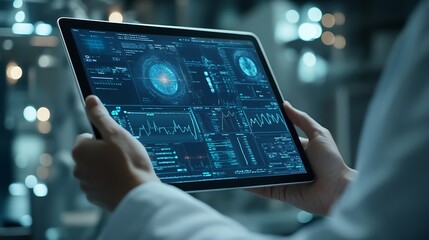 Fototapete - Medical technology EMRs Electronic medical record system concept Doctor using digital tablet laptop computer with electronic health data and  internet network connection virtual hospit : Generative AI