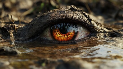 a surreal, creepy eye emerging from the mud, constantly watching in an unsettling and eerie scene.