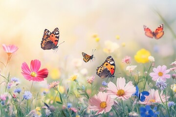 Wall Mural - Colorful butterflies flit among a lively bouquet of wildflowers in a sunny meadow filled with soft natural light. Generative AI