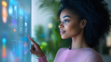 Young african woman using smart home touch screen ai technology connected appliances device on wall monitoring energy security heating system digital control in apartment Smart home co : Generative AI