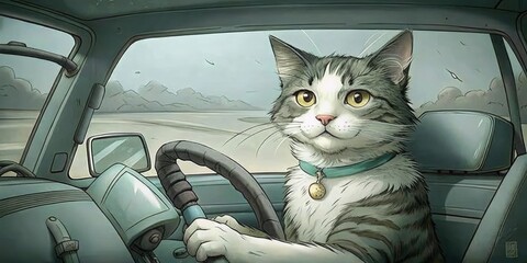 Grey tabby cat driving a vintage car at night on a mountain road