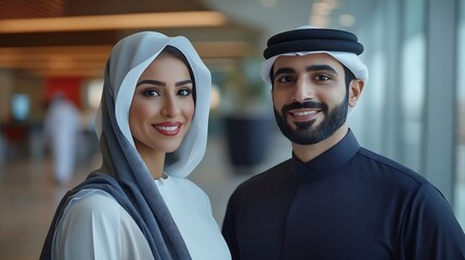 Man and woman with traditional clothes working in a business office of Dubai Portraits of  successful entrepreneurs businessman and businesswoman in formal emirates outfits : Generative AI