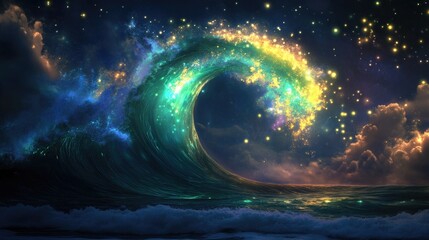 Majestic ocean wave under starry night sky with cosmic lights and sparkling colors.