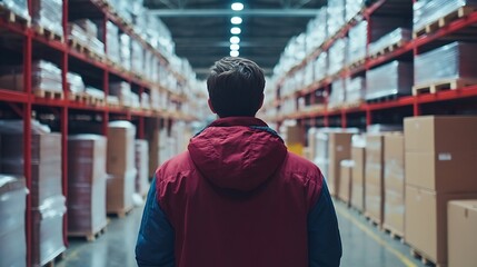 Poster - Warehouseman checking delivery stock in warehouse on computer pc Warehouse manager using warehouse management software app : Generative AI