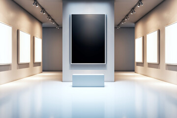 Aufkleber - Modern gallery interior with empty frames on walls and central blank canvas on display. 3D Rendering