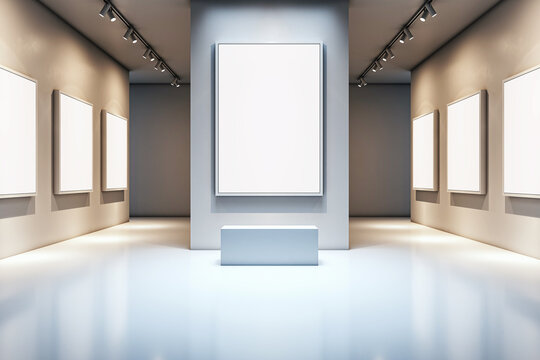 Modern art gallery interior with blank frames on walls and bench in center. 3D Rendering