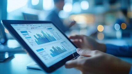 Leinwandbilder - Tablet meeting and partnership with business people working in an office as a team for research Technology planning or teamwork with a man and woman employee reading information in the : Generative AI