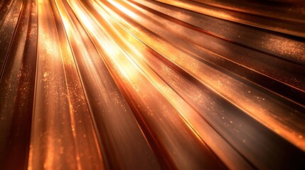 Abstract Close-Up of Shiny Copper Metal Surface with Radiant Light Reflections and Textured Patterns