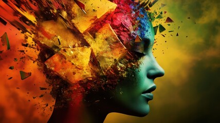 Wall Mural - Vibrant Abstract Portrait of a Woman with Exploding Colors and Geometric Shapes in a Surreal Artistic Style