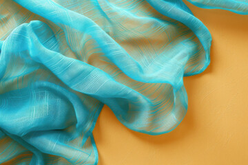 Turquoise fabric with soft folds on yellow textured background, airy and vibrant design