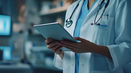Poster - Medicine doctor use tablet to review patient medical records on virtual screens for digital healthcare Review medical reports carefully and diagnose illnesses for an effective treatmen : Generative AI