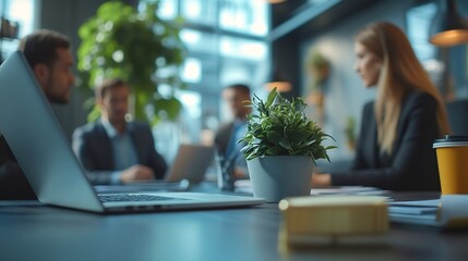 Leinwandbilder - Team of business people collaborates using laptop and modern technology Snapshot captures the essence of a professional business meeting where individuals come together as a cohesive w : Generative AI