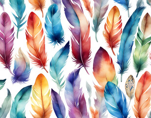 Wall Mural - watercolor Colorful Feather with white background