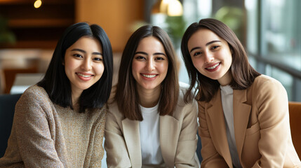 Wall Mural - Three young businesswomen are sitting together and smiling in a modern office space