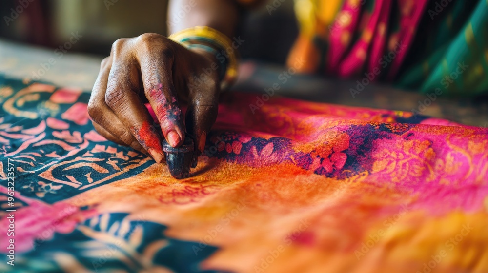 A vibrant sari being stamped by an artisan using ink, displaying bold ...
