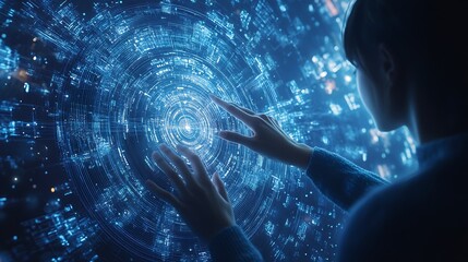 Leinwandbilder - A person interacting with a futuristic holographic interface featuring digital data and connections on a blue background showcasing technology concept : Generative AI