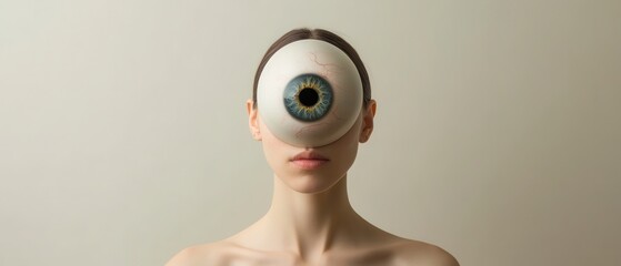 Wall Mural - Surreal Portrait of Woman with Large Eye Mask on Forehead Against Neutral Background