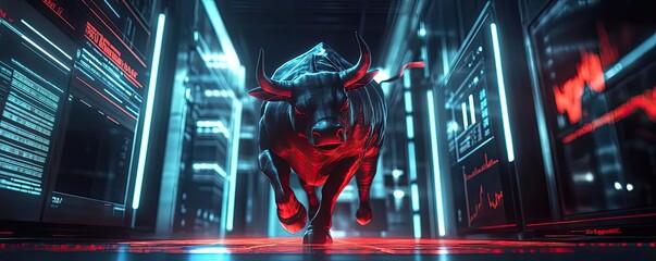 A powerful digital bull charging forward in a futuristic financial environment, symbolizing market strength and bullish trends.