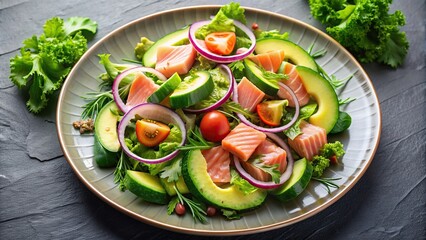 culinary, healthy, food, fresh, nutritious, A photograph of a beautifully arranged plate with a fresh salad consisting of salmon avocado and onion captured from a wide angle perspective