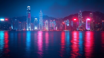Leinwandbilder - Smart network and Connection technology concept Hong Kong digital city background at night in victoria harbour Cyberpunk color style Panorama view : Generative AI
