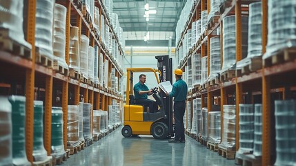 Forklift driver talking with manager in modern industrial factory Warehouseman reading order order picking Warehouse worker preparing products for shipmennt delivery checking stock in  : Generative AI