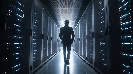Aufkleber - Male IT Specialist Walks Between Row of Operational Server Racks in Data Center Engineer Uses Tablet Computer for Maintenance Concept for Cloud Computing Artificial Intelligence Cybers : Generative AI