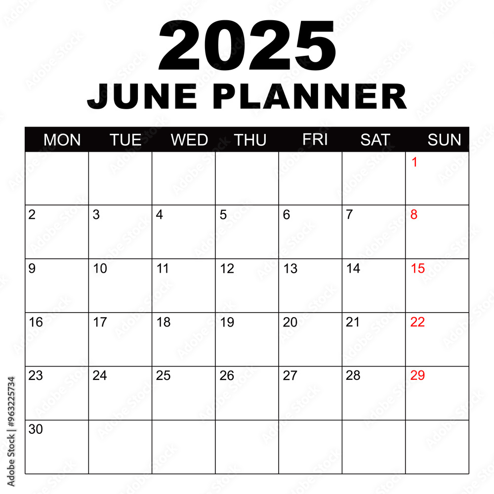 June 2025 Calendar. Week starts on Monday. Blank Calendar Template. Fits Letter Size Page