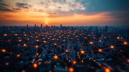 Aufkleber - Smart digital city with connection network reciprocity over the cityscape  Concept of future smart wireless digital city and social media networking systems that connects people within : Generative AI