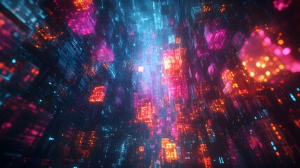 Wall Mural - Abstract Digital Cityscape with Neon Lights and Glowing Cubes