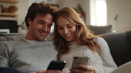 Wall Mural - Young Smiling Caucasian Couple Using Mobile Phone And Embracing Together At Home Happy Millennial Spouses Relaxing On Couch With Modern Smartphone Browsing New App Or Shopping Online C : Generative AI