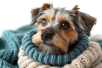  Yorkshire Terrier wrapped in cozy wool sweaters, highlighting seasonal care, keeping pets warm during colder months, winter clothing for small dogs, soft and protective