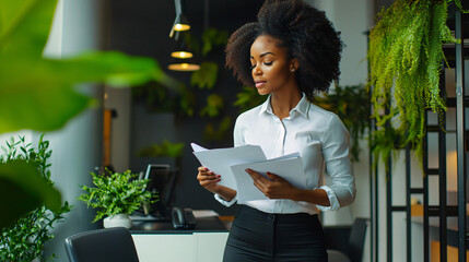 Canvas Print - Young manager is reviewing paperwork while standing in her modern office full of plants