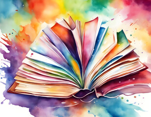 Wall Mural - watercolor Open book, hardback books on bright colorful background.