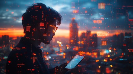 Fototapete - Digital technology internet network connection big data digital marketing social media concept Double exposure of man using smart mobile phone surfing internet and the city technology  : Generative AI