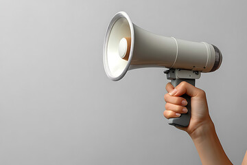 Close-up of a hand gripping a loudspeaker, symbolizing communication, public speaking, activism, or protest, suitable for various advocacy and announcement themes.
