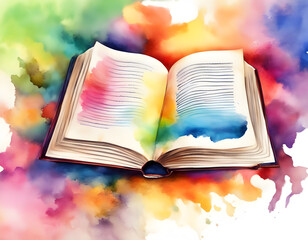 watercolor Open book, hardback books on bright colorful background.