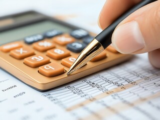Aufkleber - Close-up of a Calculator and Pen on a Spreadsheet.