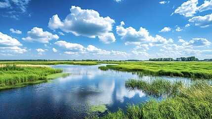 Beautiful natural landscape with lush green meadows and a winding river reflecting the blue sky and fluffy white clouds on a sunny summer day