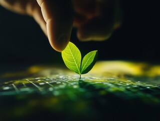 Wall Mural - Close-up of Hand Holding a Small Green Plant Growing from Soil with Digital Grid Background