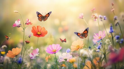 Aufkleber - Wildflowers burst with color as butterflies flutter among them in a sunny meadow, showcasing nature's beauty in full bloom. Generative AI