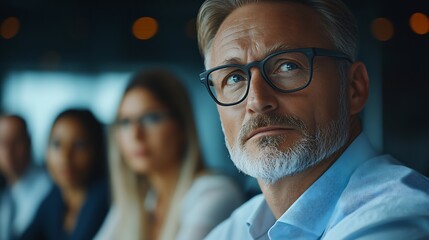 Aufkleber - Male mature caucasian ceo businessman leader with diverse coworkers team executive managers group meeting Multicultural professional businesspeople working together on research plan bo : Generative AI