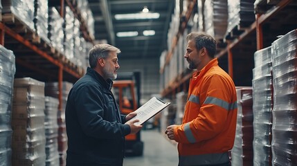Poster - Forklift driver talking with manager in modern industrial factory Warehouseman reading order order picking Warehouse worker preparing products for shipmennt delivery checking stock in  : Generative AI