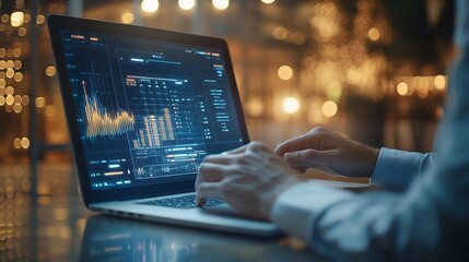 Fototapete - Business Project Management System Project manager working on laptop and updating tasks and milestones progress planning with Gantt chart scheduling interface for company on virtual sc : Generative AI